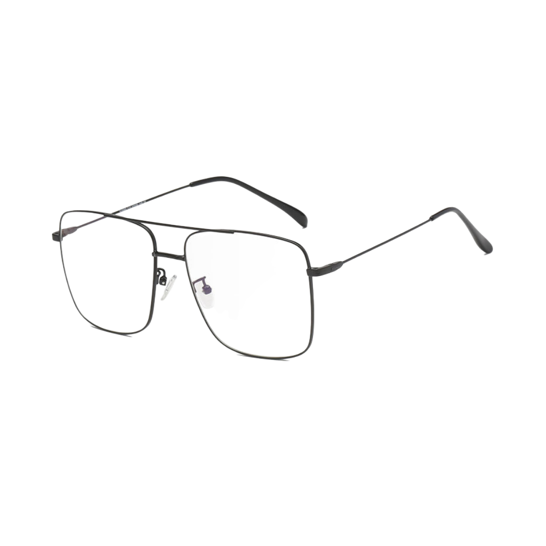 Side view of black, square shaped, blue light blocking glasses