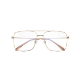 Front view of rose gold, square shaped, blue light blocking glasses