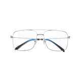Front view of silver, square shaped, blue light blocking glasses