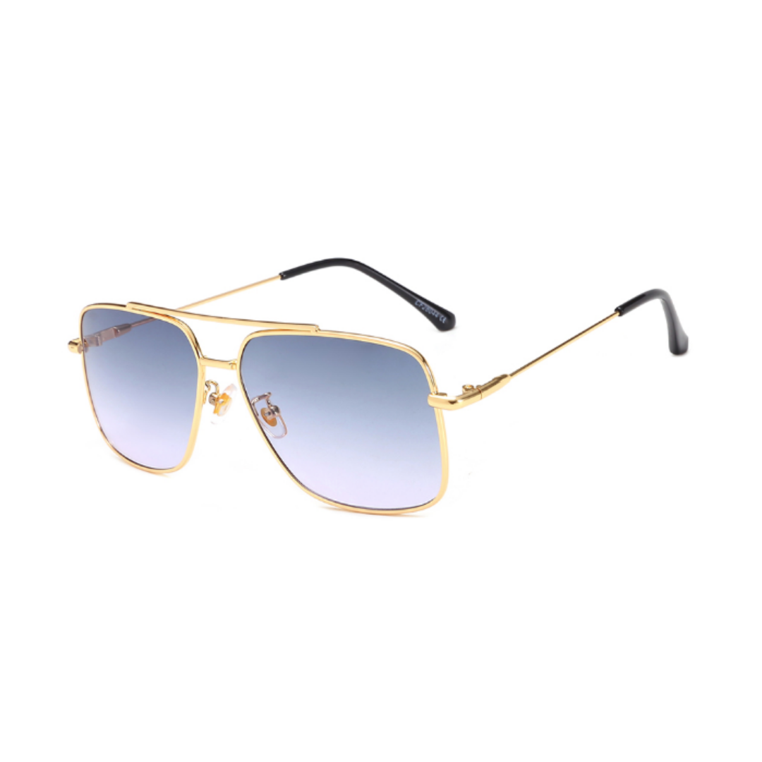 Side view of grey, square sunglasses, with grey gradient lenses.