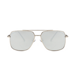 Front view of silver, square sunglasses, with mirror lenses.