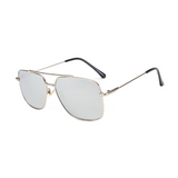 Side view of silver, square sunglasses, with mirror lenses.