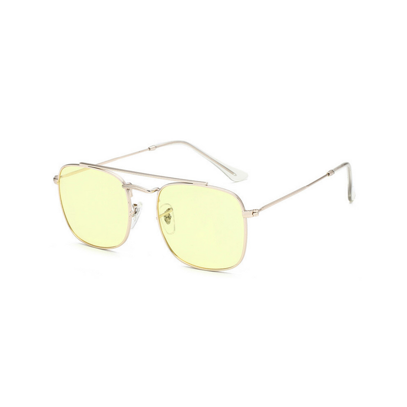Side view of yellow, small square sunglasses, with tinted lenses