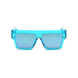 Front view of blue, flat square sunglasses, with mirror lenses.