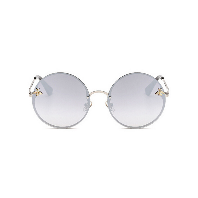 Front view of silver, large circle sunglasses, with mirror lenses and bee detail on the lenses.