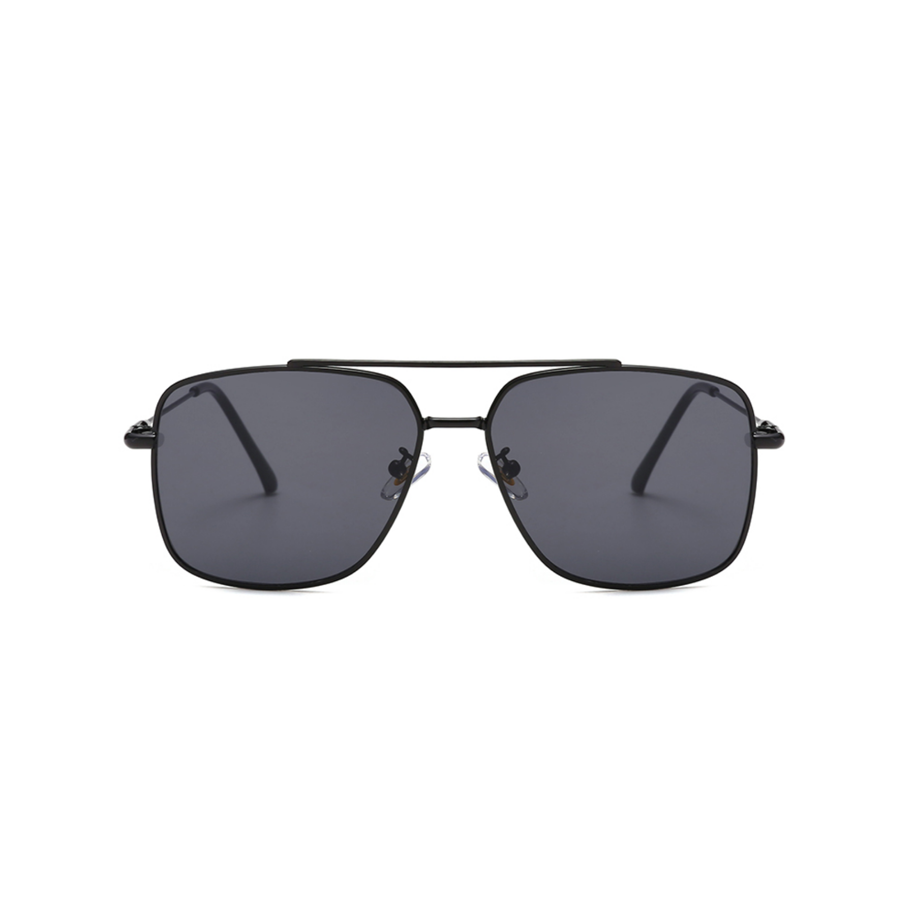 Front view of black, square sunglasses, with dark lenses.