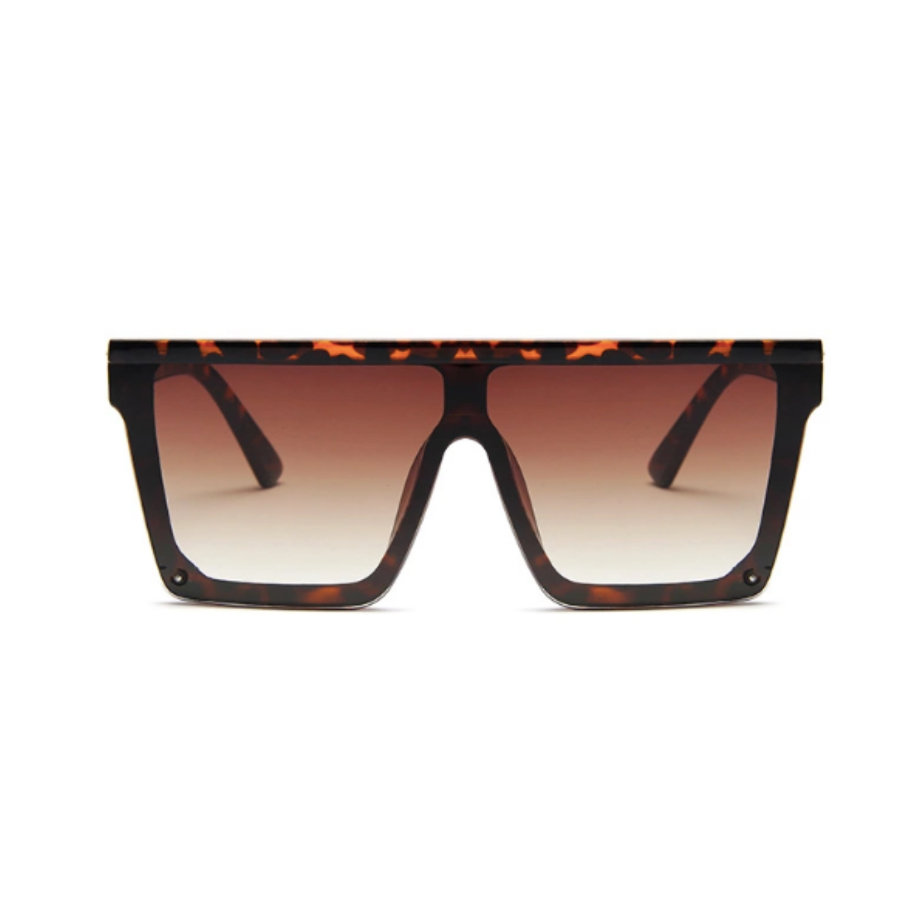 Front view of leopard, square block sunglasses, with brown gradient lenses.