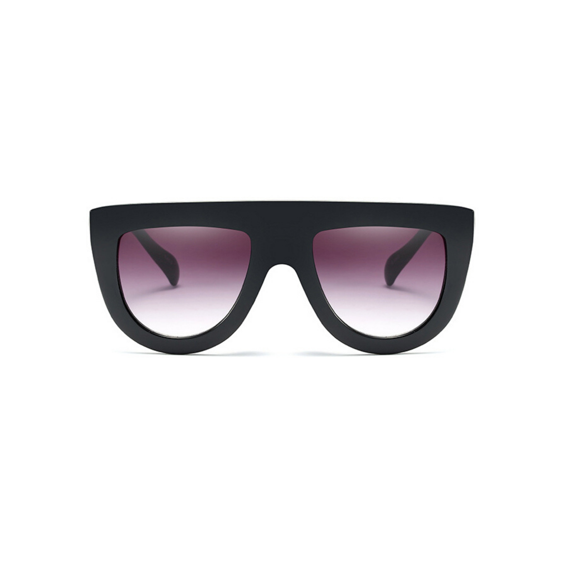 Side view of black, flat top oversized sunglasses, with black gradient lenses.