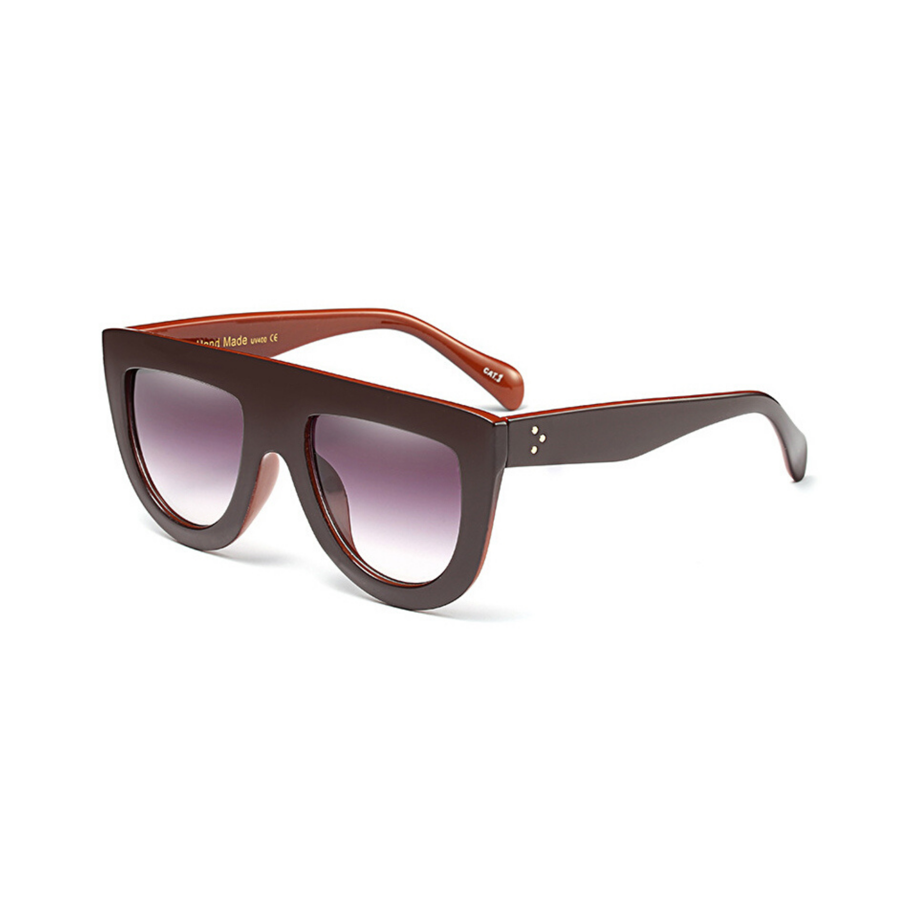 Side view of brown , flat top oversized sunglasses, with black gradient lenses.