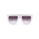 Front view of white, flat top oversized sunglasses, with black gradient lenses.