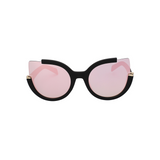 Front view of pink, large cat eye sunglasses, with mirror lenses.