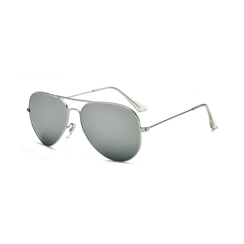 Side view of silver, classic aviator sunglasses, with mirror lenses.