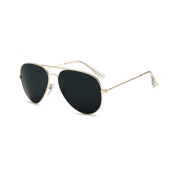Side view of black and gold, classic aviator sunglasses, with dark lenses.