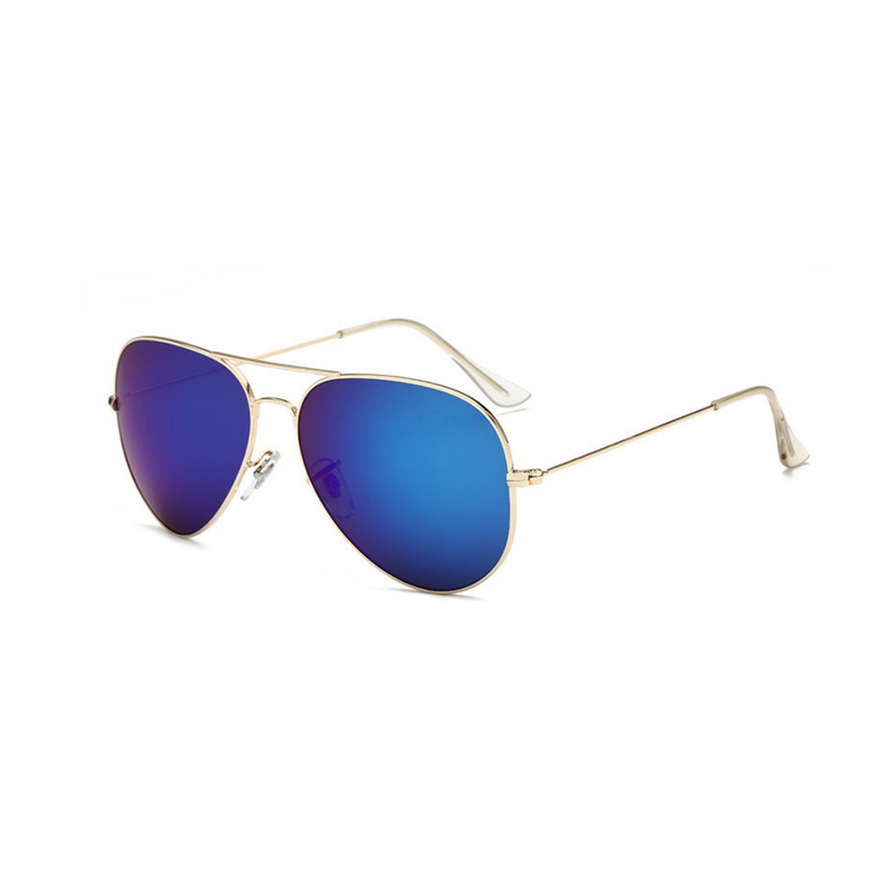 Side view of gold and blue, classic aviator sunglasses, with mirror lenses.