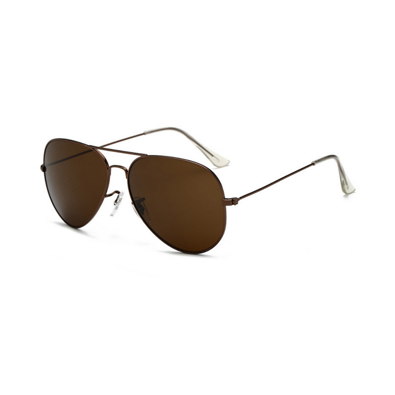 Side view of brown, classic aviator sunglasses, with brown lenses.