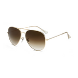 Side view of gold and brown, classic aviator sunglasses, with brown gradient lenses.