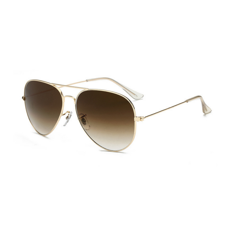 Side view of gold and brown, classic aviator sunglasses, with brown gradient lenses.