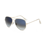Side view of gold and grey, classic aviator sunglasses, with grey gradient lenses.
