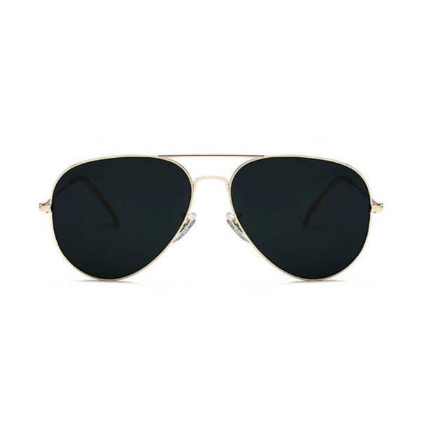 Front view of black and gold, classic aviator sunglasses, with dark lenses.