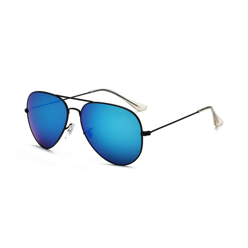 Side view of black and blue, classic aviator sunglasses, with mirror lenses.