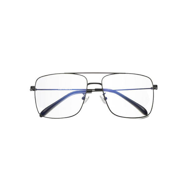 Front view of black, square shaped, blue light blocking glasses