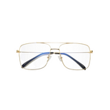 Front view of gold, square shaped, blue light blocking glasses