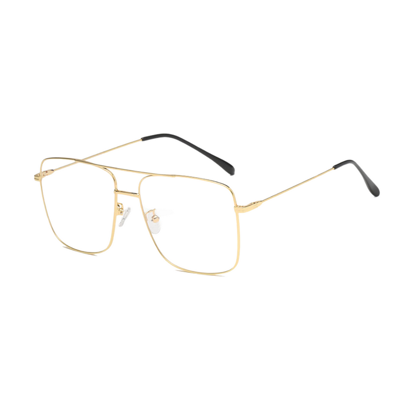 Side view of gold, square shaped, blue light blocking glasses 