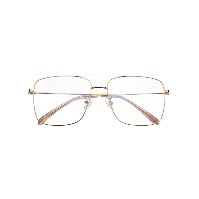 Front view of rose gold, square shaped, blue light blocking glasses