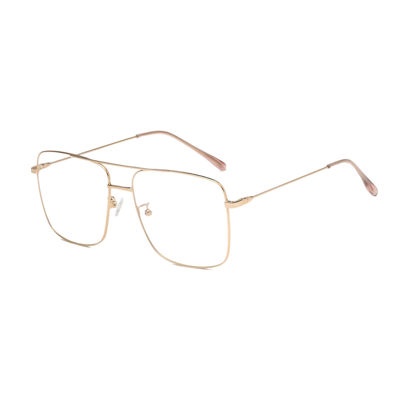 Side view of rose gold, square shaped, blue light blocking glasses