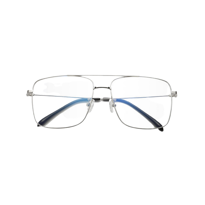 Front view of silver, square shaped, blue light blocking glasses