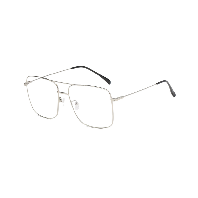 Side view of silver, square shaped, blue light blocking glasses