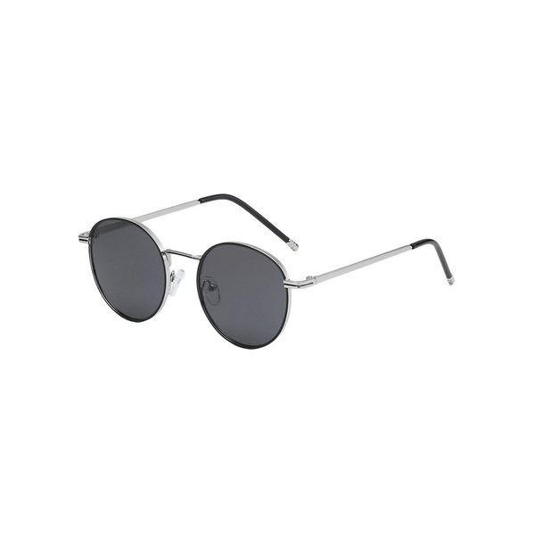 Side view of black and silver, circle sunglasses, with dark lenses.