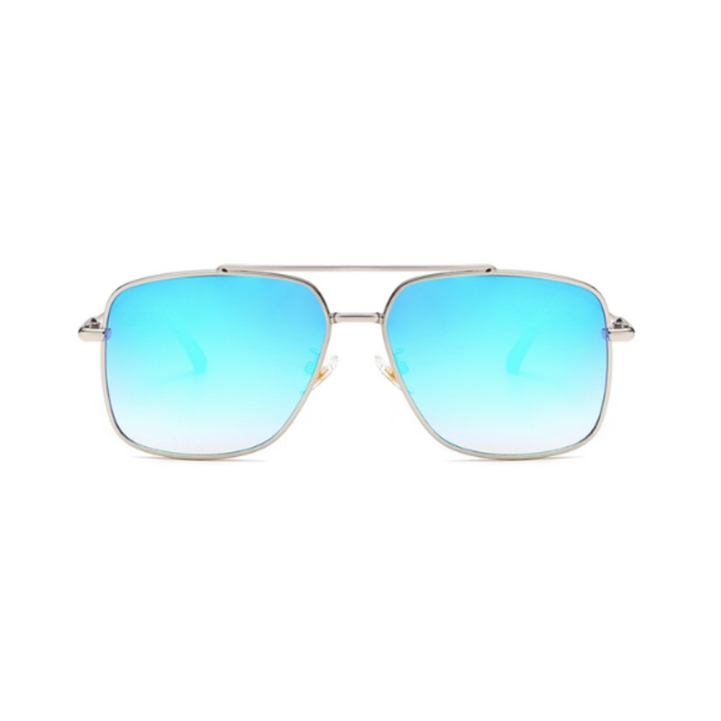 Front view of blue, square sunglasses, with mirror lenses.