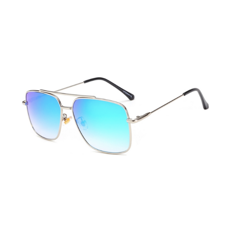 Side view of blue, square sunglasses, with mirror lenses.