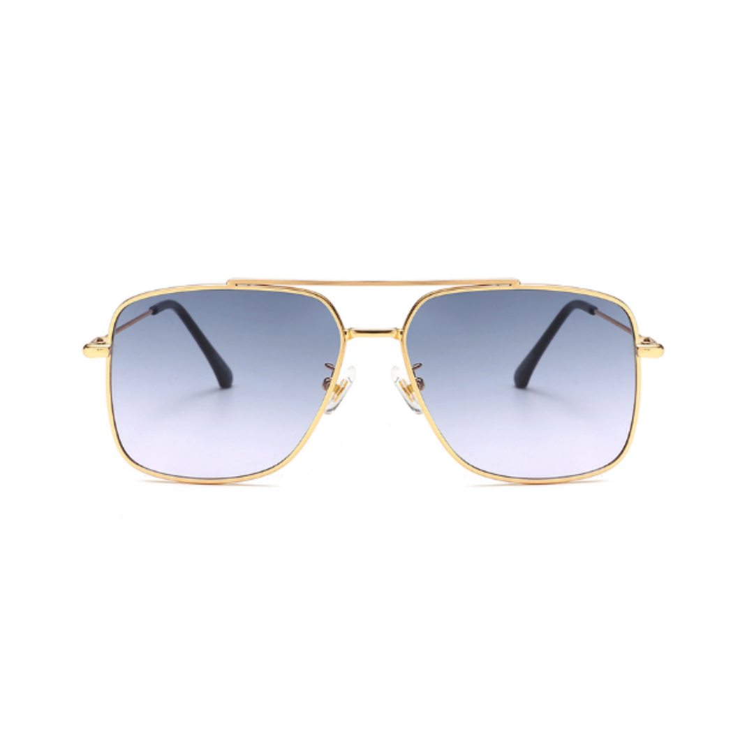Front view of grey,  square sunglasses, with grey gradient lenses.