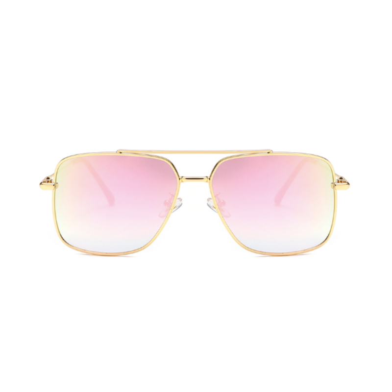 Front view of pink, square sunglasses, with mirror lenses.