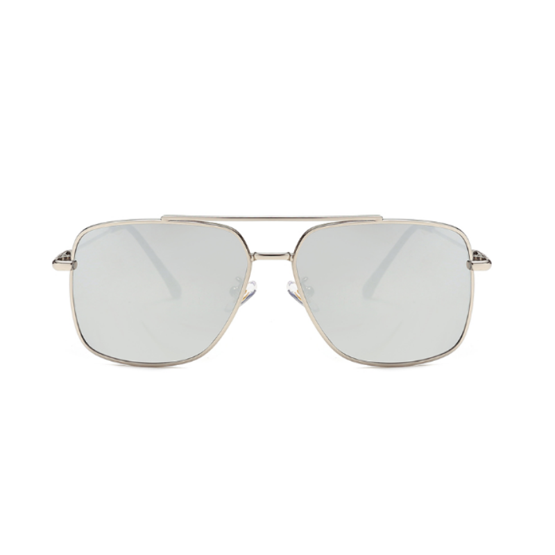 Front view of silver, square sunglasses, with mirror lenses.