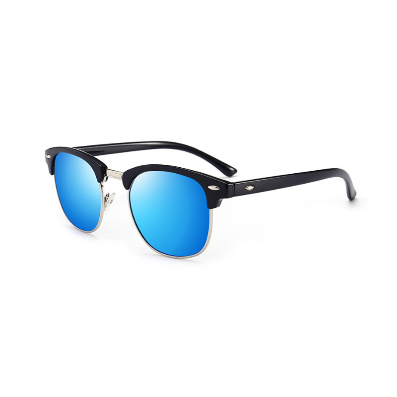 Side view of blue, retro sunglasses, with mirror lenses