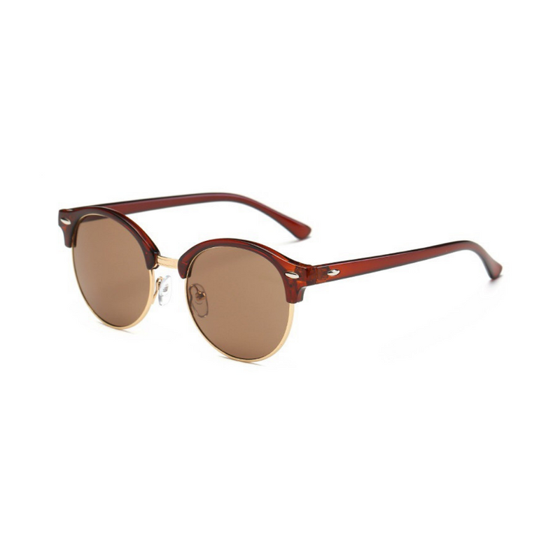 Side view of brown, retro sunglasses, with dark lenses