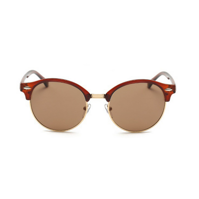 Front view of brown, retro sunglasses, with dark lenses.