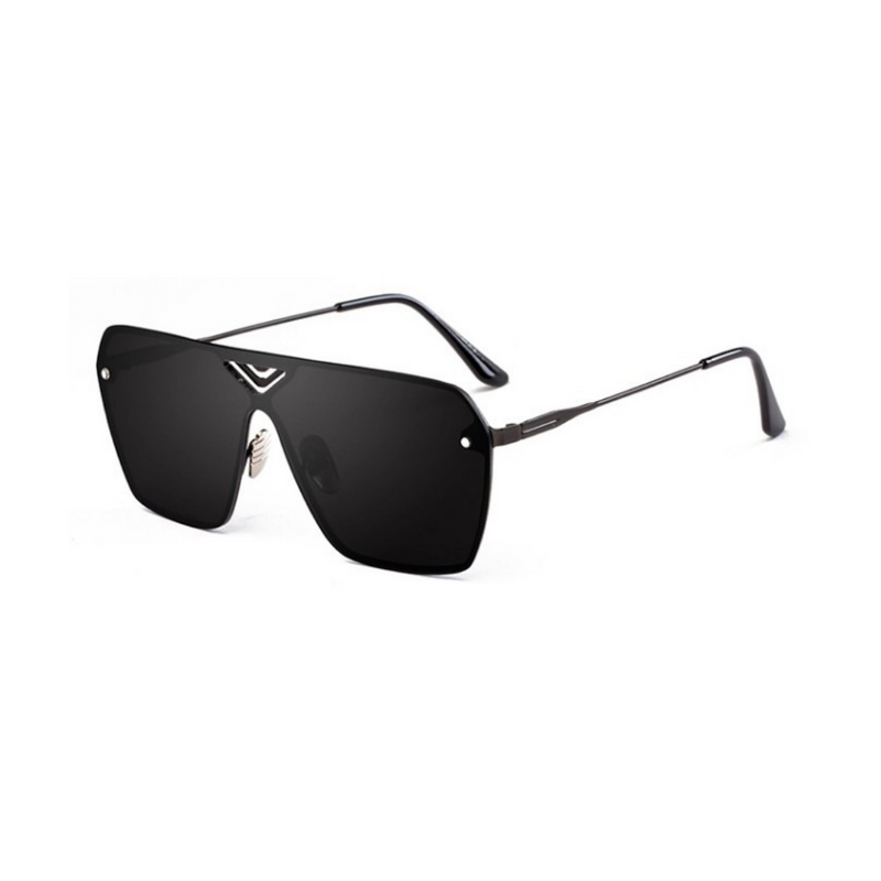 Side view of black, oversized square sunglasses, with black lenses.