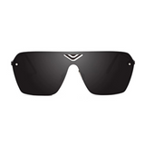 Front view of black, oversized square sunglasses, with black lenses.