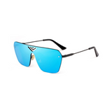 Side view of blue, oversized square sunglasses, with mirror lenses.