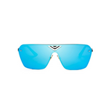 Front view of blue, oversized square sunglasses, with mirror lenses.