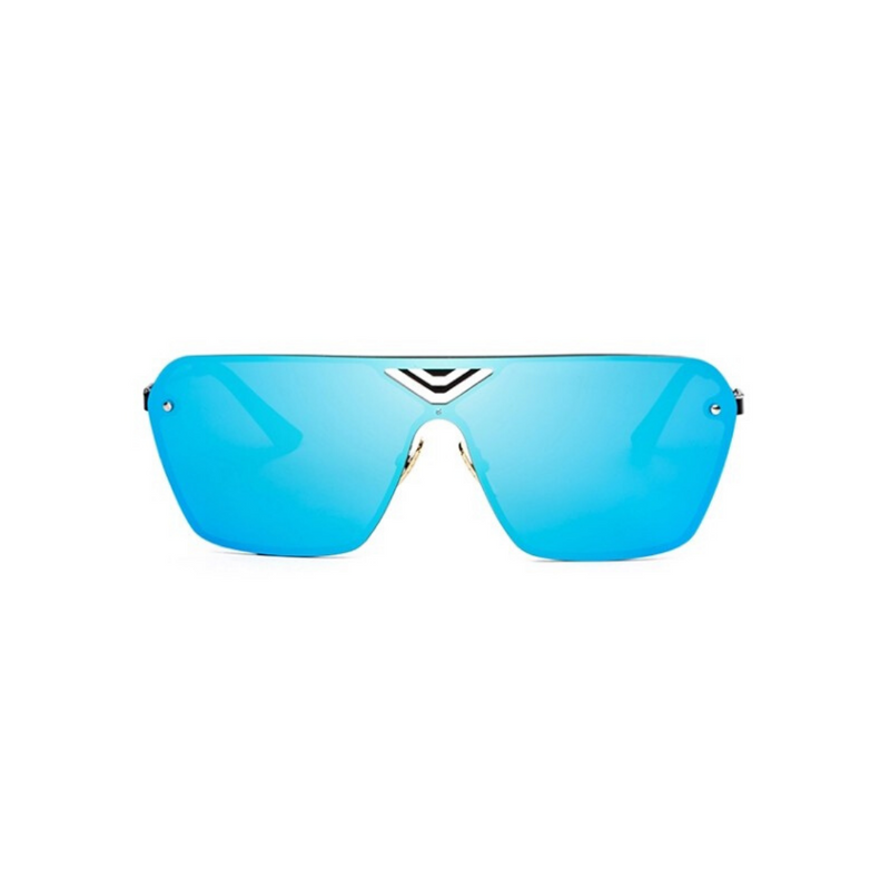Front view of blue, oversized square sunglasses, with mirror lenses.