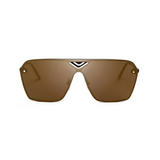 Front view of brown, oversized square sunglasses, with mirror lenses.