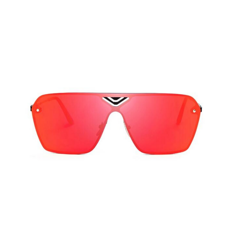 Front view of red, oversized square sunglasses, with mirror lenses.
