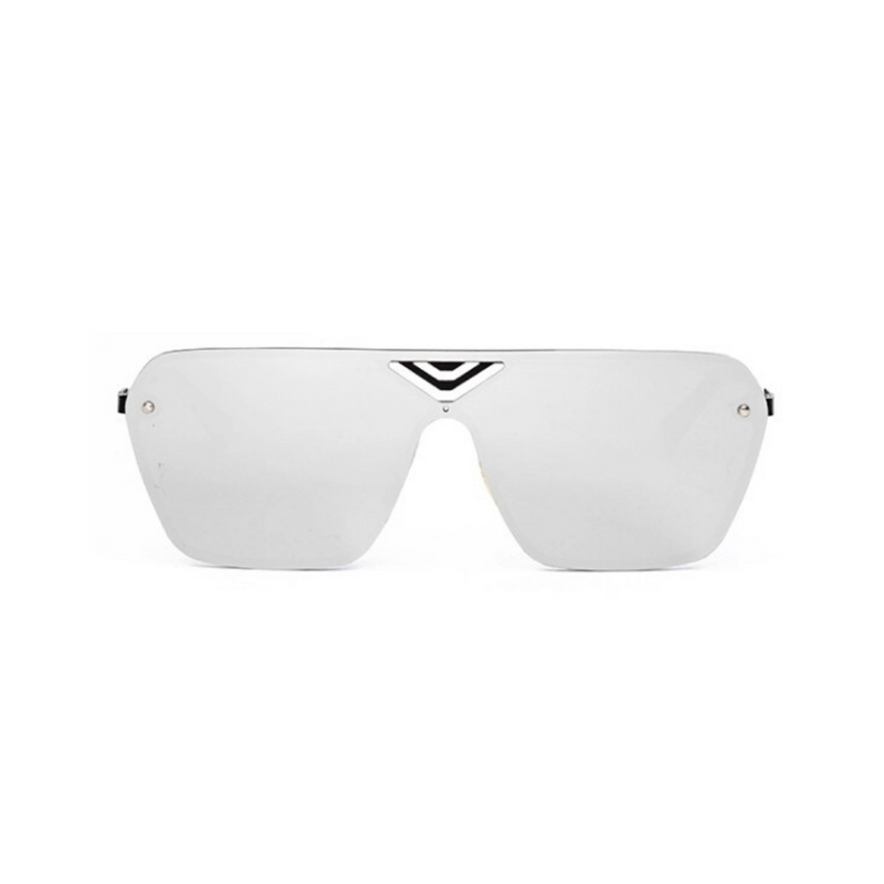 Front view of silver, oversized square sunglasses, with mirror lenses.