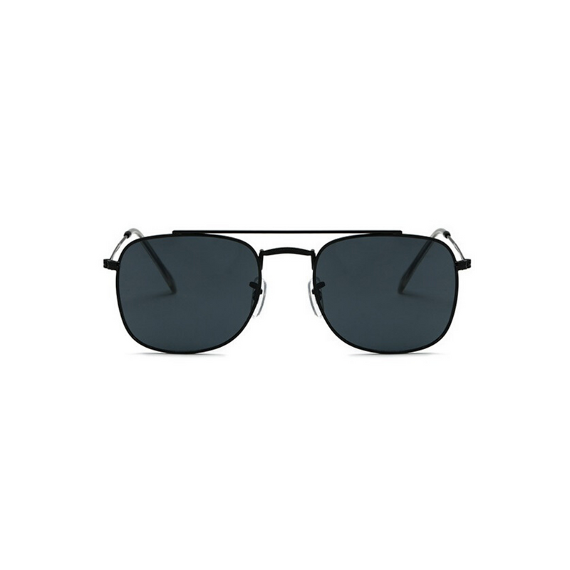 Front view of black, small square sunglasses, with dark lenses.
