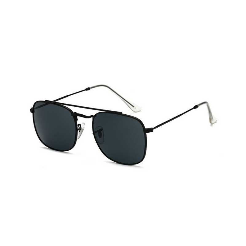Side view of black, small square sunglasses, with dark lenses.